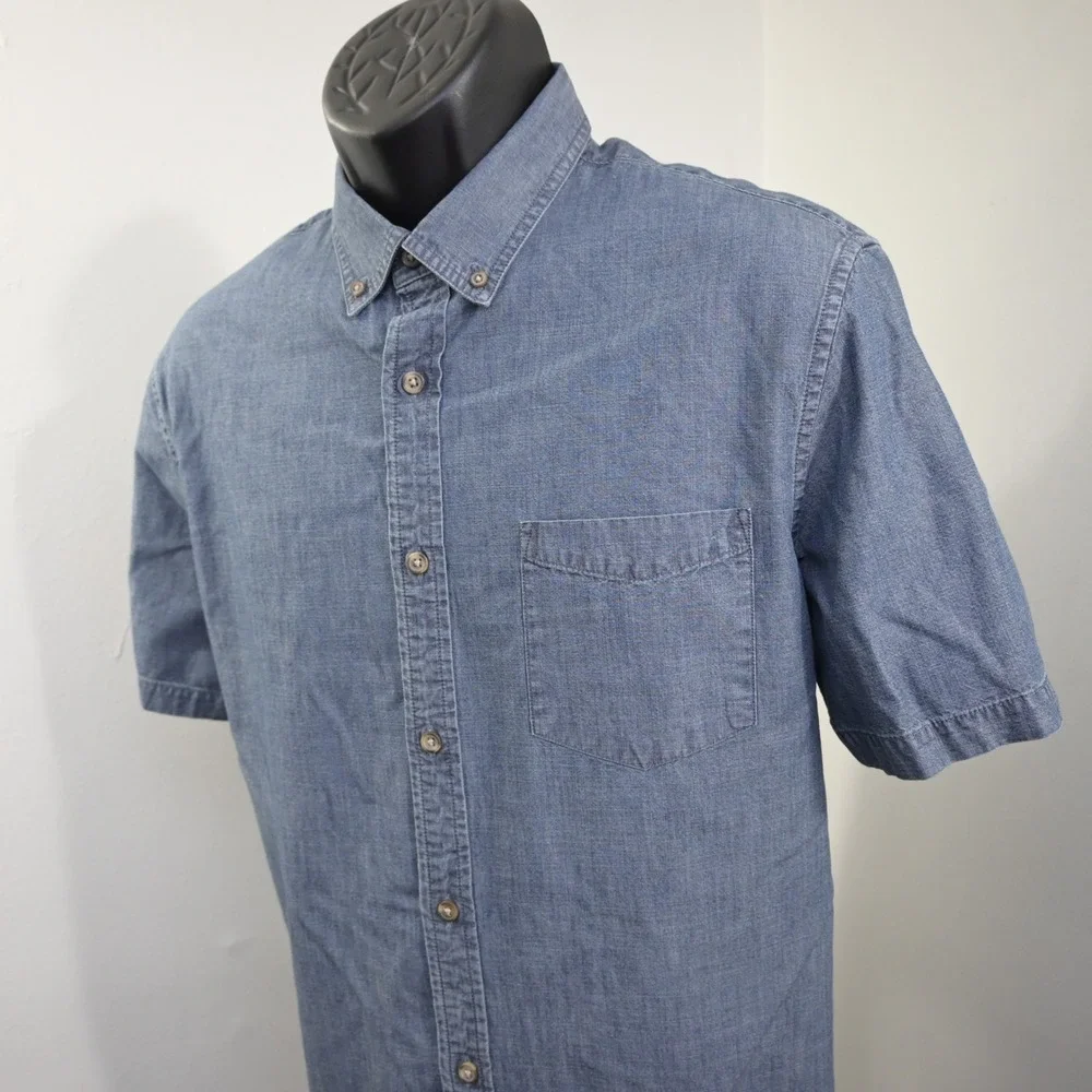 Banana Republic Button Up Men Large Slim Fit Blue Short Sleeve Pocket Cotton